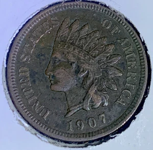 1907 Indian Head Cent - BRN - starke volle Freiheit ~ 4 Diamanten scharfe Münze KM #90A - Bild 1 von 4
