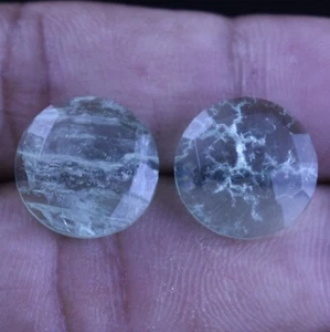 100% Natural Green Fluorite Round Cabochon Faceted 14.50 Ct Loose Gemstone Pair - Picture 1 of 3