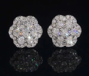 Men's 3Ct Round Moissanite Flower Stud Screw Back Earrings 14k White Gold Plated - Picture 1 of 8