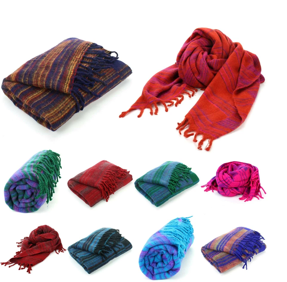 Vegan Wool Shawl Blanket Stripe Hill Queen Wrap Throw Boho Meditation Travel