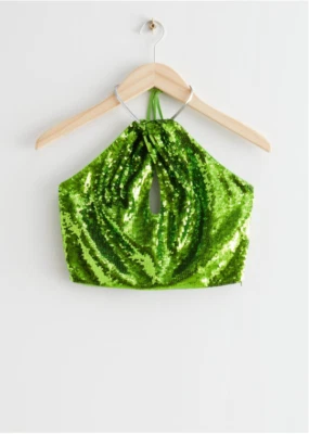 Other Stories Top Womens 38 UK 10 Green Sequin Halterneck Crop Vest Party - Image 1 of 4