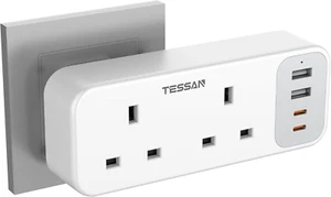 Adaptador de enchufe doble Reino Unido con 4 USB (2 USB C), 2 vías enchufe de extensión multi enchufe - Imagen 1 de 1