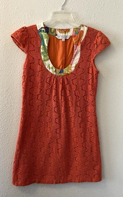 Trina Turk Shift Dress Size 6 Orange Crochet Silk Cotton Cap Sleeve Colorful Mod - Image 1 of 4