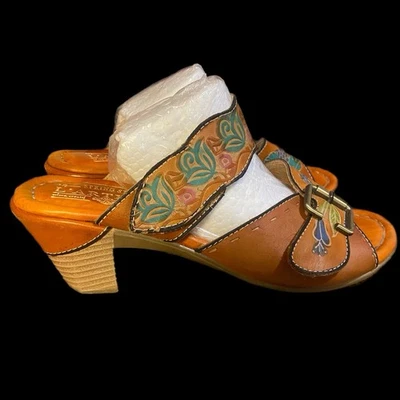 Spring Step L'Artiste Leather Carmel Floral Slide Sandals BlockHeel Women 37/6.5 - Image 1 of 4