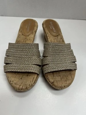 Eric Javits NY Metallic Raffia Braided Cork Wedge Slide Sandals Size 7M - Image 1 of 4