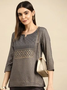 Women's Grey Printed Kurti – Bollywood Indian Pakistani Ethnic Tunic Dress SALE - Picture 1 of 5