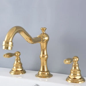 Grifo mezclador de lavabo de baño de latón color dorado amplio 3 piezas doble mango - Imagen 1 de 7