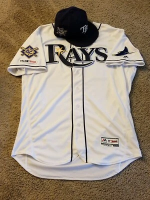 Camiseta y sombrero Ryne Stanek Game Used TB Rays 2019 Jackie Robinson Day MLB... Foto 1 de 4