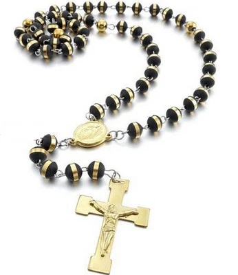 Новое поступление золотой крест из нержавеющей стали черный резиновый мяч четки ожерелье 8 мм - Изображение 1 из 4