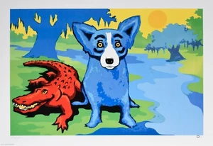 George Rodrigue Blue Dogs and Cajuns On the River Signed Silkscreen Print Art - Picture 1 of 6