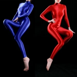 Women Silky Oiled Shiny Slim Catsuit Bodysuit Bodycon Costume Playsuits Cosplay - Picture 1 of 18