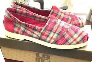 Lamo Espadrilles Bootsschuhe Halbschuhe flach Größe 9 rot blau hellbraun kariert Stoff - Bild 1 von 5