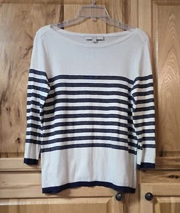 Ann Taylor LOFT Womens Shirt Navy & Cream Stripe 3/4 Sleeve Top Size Small  - Picture 1 of 11