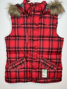 Roper Womens Hooded Puffer Down Vest Red Plaid New Medium - Picture 1 of 14