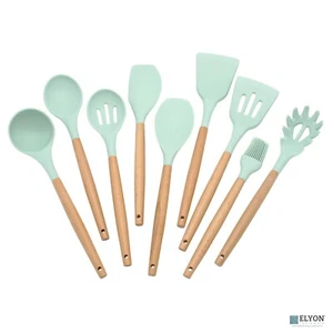9 Piece Mint Green Colored Silicone Kitchen Utensils Set with Wooden Handles - Picture 1 of 5