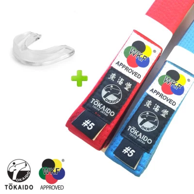 Set of Tokaido Red & Blue Karate WKF Karate Competition Belts w/ Mouthguard.