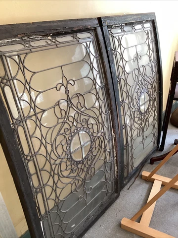 1898 Pair antique beveled Leaded Glass Curved Windows 26” Wide x 45” High Cover