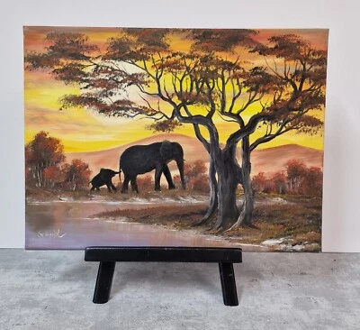 Pintura familiar elefante safari paisaje arte africano puesta de sol acrílico decoración Foto 1 de 4