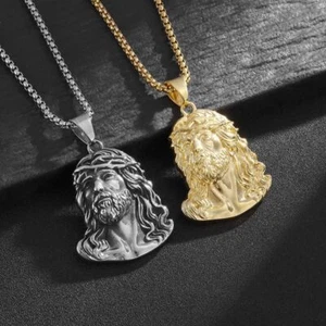 Mens Stainless Steel Jesus Christ Face Pendant Necklace Gold / Silver - Picture 1 of 10