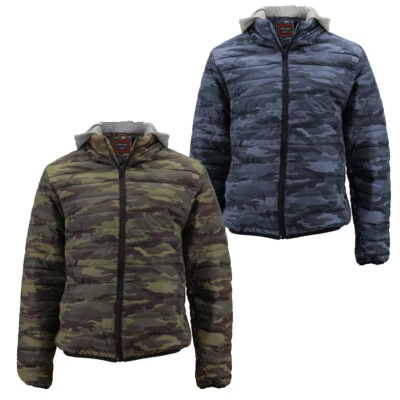 Chaqueta acolchada para hombre Capucha extraíble Estampado de camuflaje Prendas exteriores Abrigo BAH BAH Foto 1 de 4