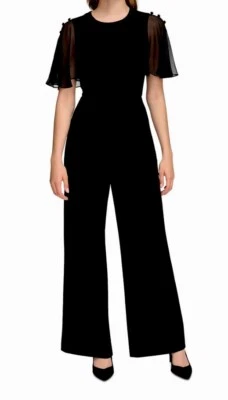 CALVIN KLEIN CHIFFON FLUTTER SLEEVE, LONG JUMPSUIT, BLACK SIZE 8 NWT - Image 1 of 4
