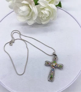 colorful rhinestone Cross pendant necklace brushed antique silver - Picture 1 of 8
