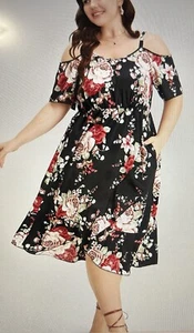 Floral Print Pocket Asymmetrical Hem Cold Shoulder Beautiful Dress Size 18 - Picture 1 of 1