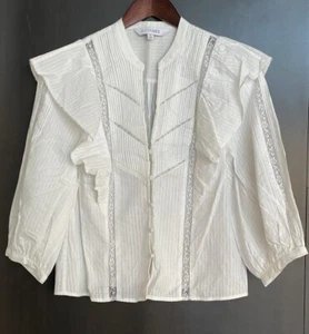 Blusa campesina de algodón blanca a rayas con ojales y encaje con volantes Intermix nueva sin etiquetas talla 6 - Imagen 1 de 13