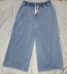 Aerie Pants Womens XL Blue Wide Leg Lounge Sweatpants Raw Hem Drawstring Cropped - Picture 1 of 13