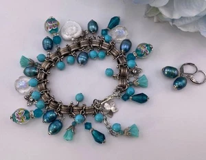 Halbedelstein Bettelarmband & Ohrringe Set Handarbeit Türkis Perlen - Bild 1 von 12