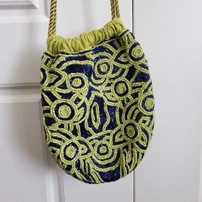 NWT Free People Penny beaded drawstring purse, chartreuse, green blue glass  - Image 1 of 4