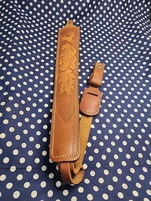 TOOLED WHITETAIL OAK LEAF ACORN WHITE STITCHED THUMBHOLE LEATHER RIFLE SLING - Image 1 of 4