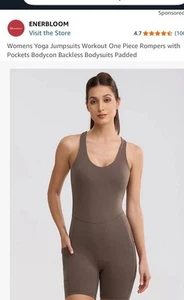 Enerbloom Women’s Size Med Workout Backless Stretch Romper with Pockets Coffee - Picture 1 of 6