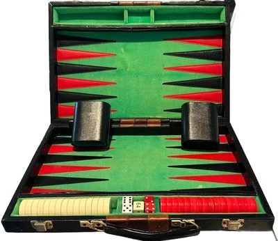 VTG Backgammon Set Bakelite Chips 15 Red & 15 White Chips & Dice 15.5” X 10.5” - Image 1 of 4