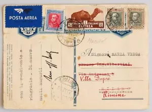 Estampillas o tarjeta de correo aéreo de Eritrea colonia italia etiopía 1938 Samré/Macalle a Rímini - Imagen 1 de 3