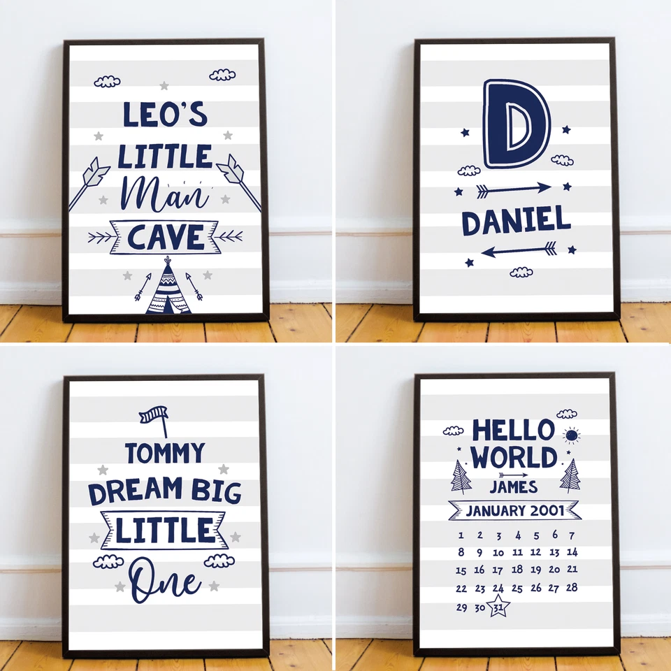 PERSONALISED Nursery Art Prints Pictures For Baby Kids Boys Bedroom Decor Gifts