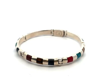 7” 925 Sterling Segmented Hinged Bangle Bracelet w/ Inlaid Multi-Stones 27.0g - Image 1 of 4