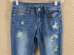 Grace in LA Girls UNICORN Stretchy Jeans 10 Bootcut Med Wash Embroidery Patches - Picture 1 of 12
