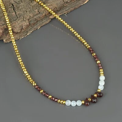 Multicolore Gemma Naturale Granato Acquamarina Dorato Pirite Collana con Perline - Immagine 1 di 4