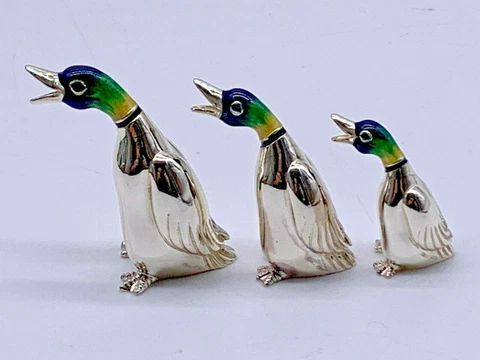 SATURNO Italy Miniature Sterling Silver & Enamel 3  Mallard DUCKS Figurines Cover