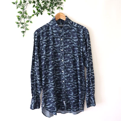 Camisa Michael Bastian Para Hombre Ajuste Manga Larga Azul Camuflada Cambray Botón M Foto 1 de 4