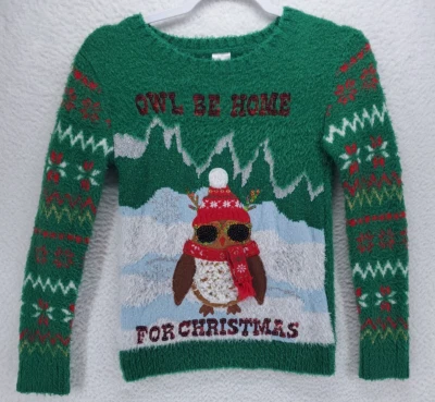 Suéter de Navidad Holiday Time Girls M (7-8) Owl Be Home Feo Navidad Verde Rojo Foto 1 de 4