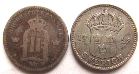 SWEDEN 1881 and 1928 Silver 25 Ore Cover