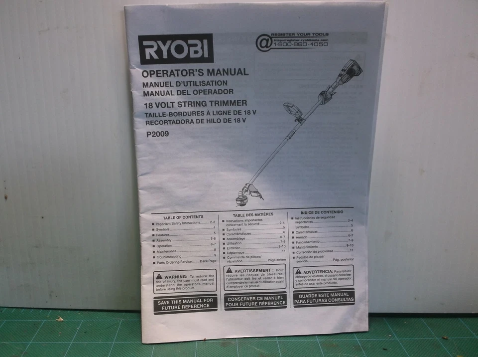 Ryobi P2009 18V String Trimmer Manual ( Manual Only ) - Image 1 of 1