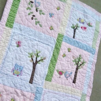 Pottery Barn Kids Hayley Owl Crib Quilt Butterflies Bird Trees Pink White Green - Image 1 of 4