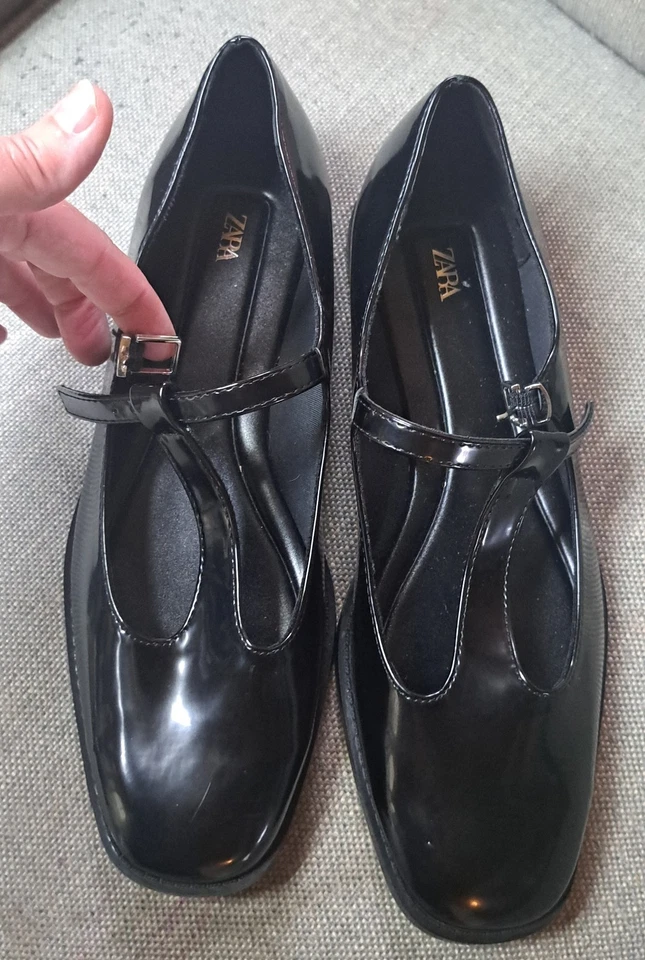 Zara Mary Jane Leather Ballet Flats Sz 40 US 9 Black Square Toe Preppy Chic - Image 1 of 4
