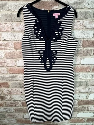 Lilly Pulitzer Janice Shift Dress Navy & White Striped Cotton Piqué Fabric Sz L - Image 1 of 4