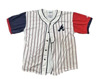 ATLANTA BRAVES Jersey LARGE Shirt Vintage STARTER Pinstripe 90s - MINOR STAIN - Image 1 of 4