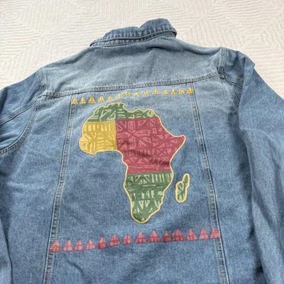 Well Worn Denim Jacket Mens Large Blue Embrace Your Roots Africa Graphic Street - Image 1 of 4