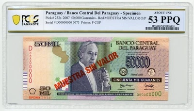 2007 50,000 Guaranies Paraguay, SPECIMEN S/N D00000000 - PCGS AU 53 PPQ - Image 1 of 2